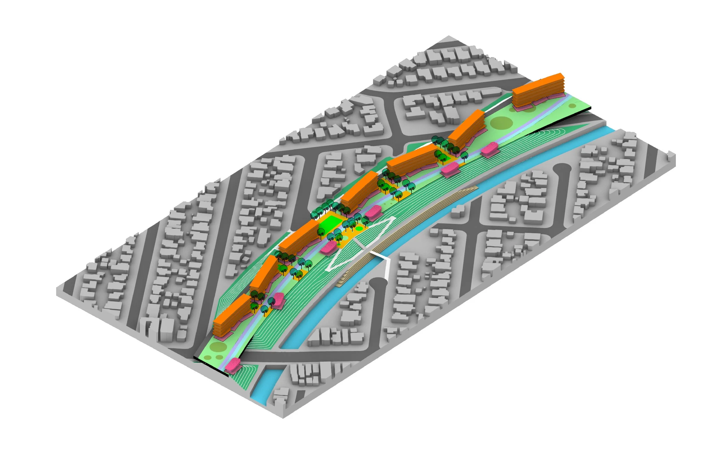 Axonometric rendering of housing, park and creek replacing the freeway