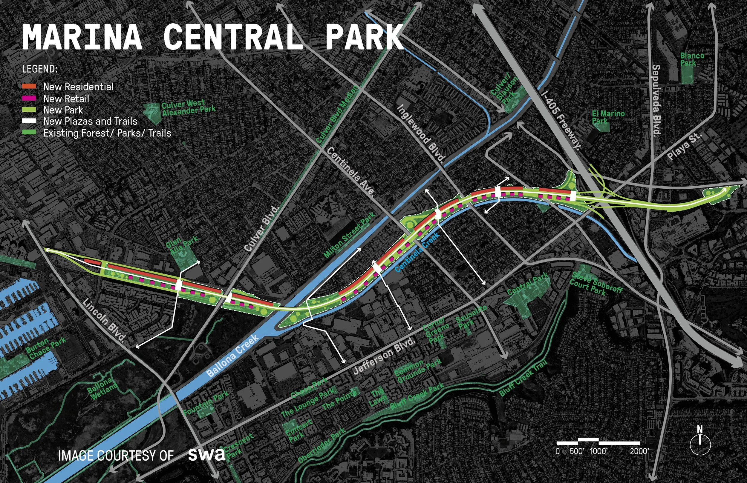 Marina Central Park masterplan — new residential, retail, park, plazas and trails along the corridor